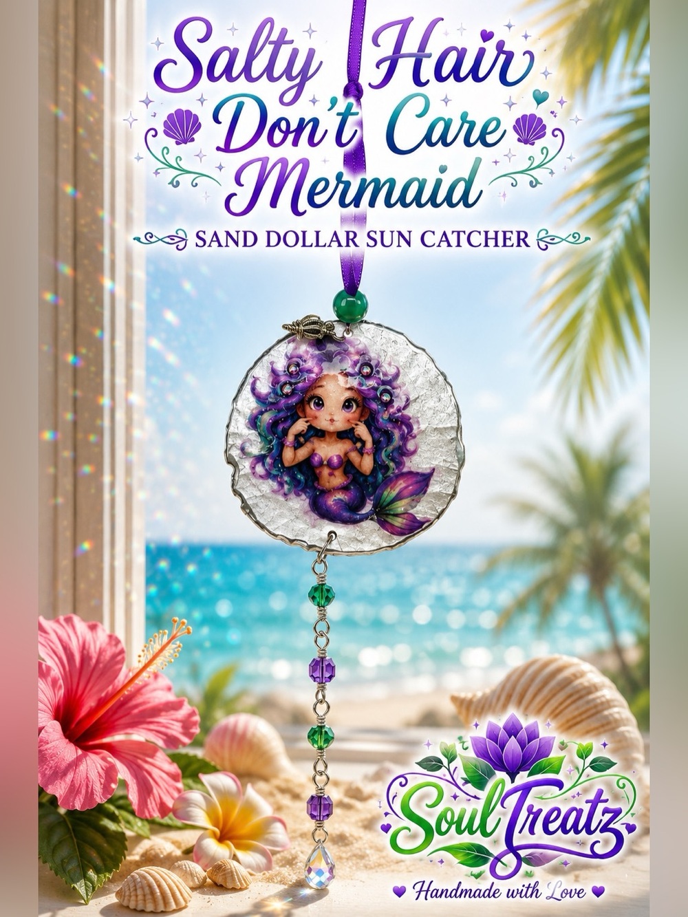 Purple & Green Decoupage Mermaid Sand Dollar Crystal Sun Catcher